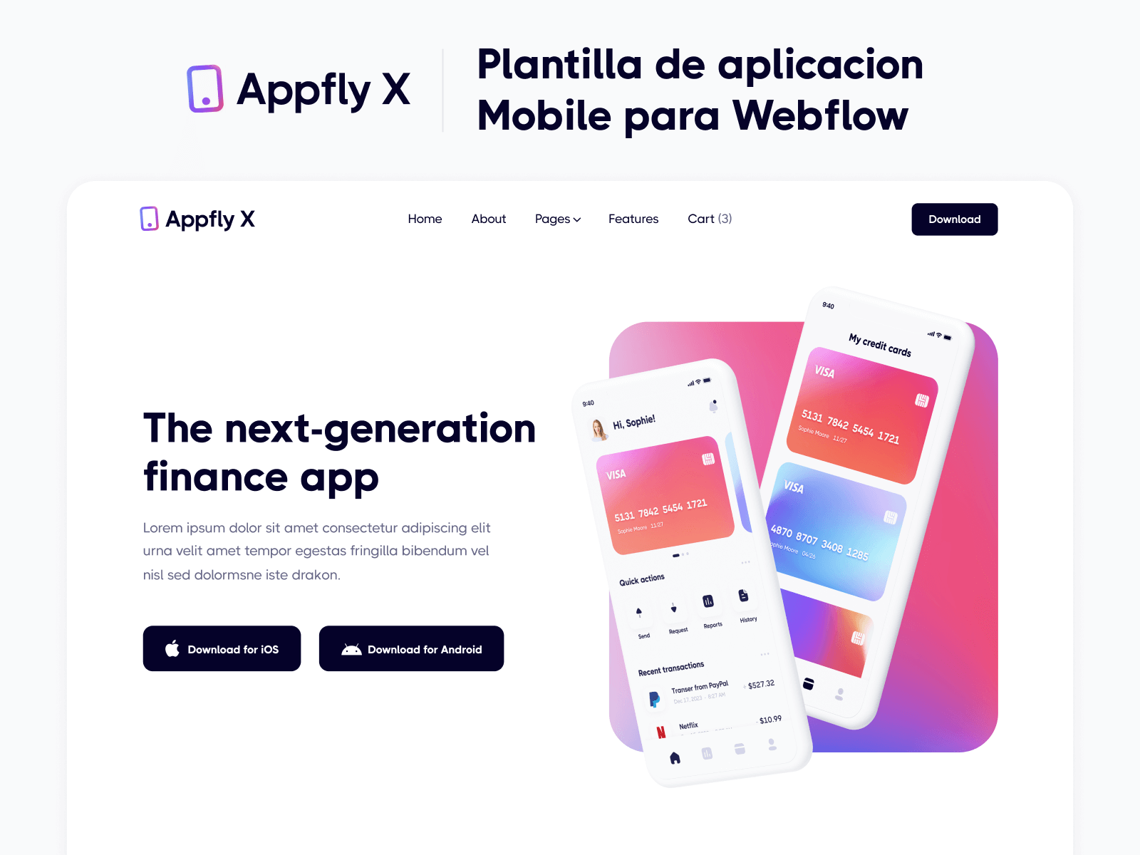 Plantilla de Aplicación Mobile para Webflow