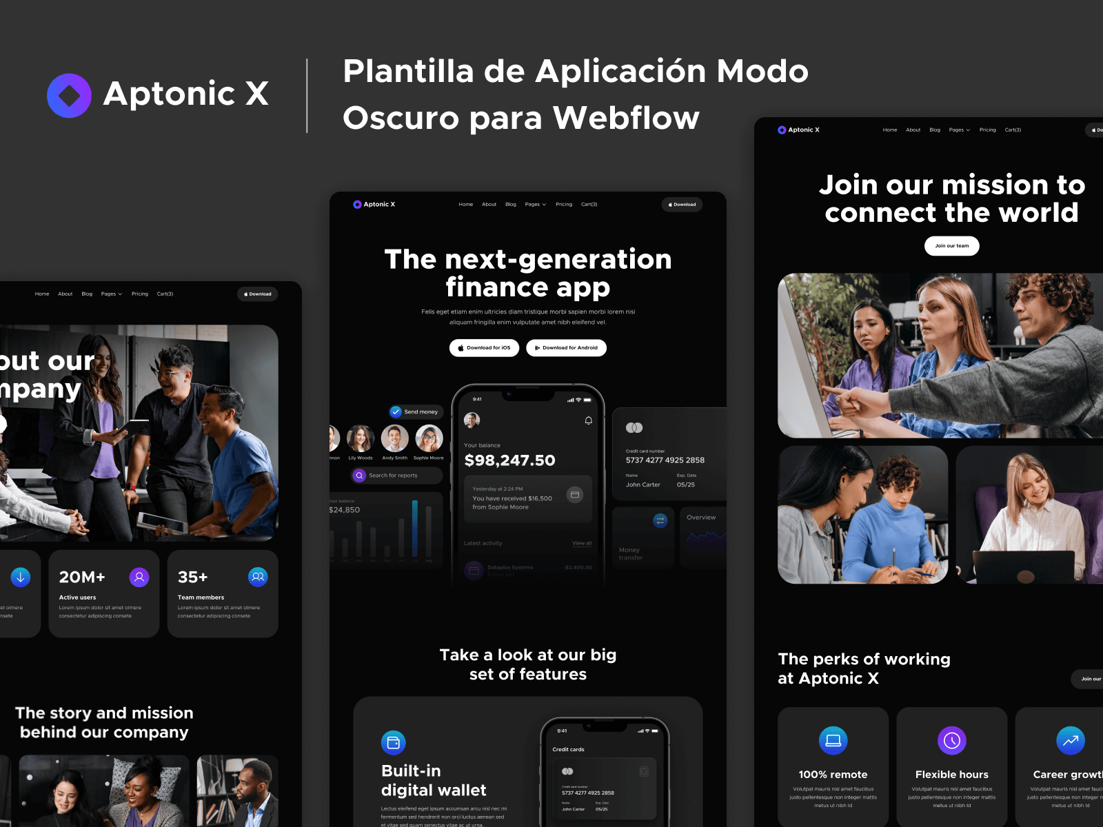 Plantilla de Aplicación Modo Oscuro para Webflow
