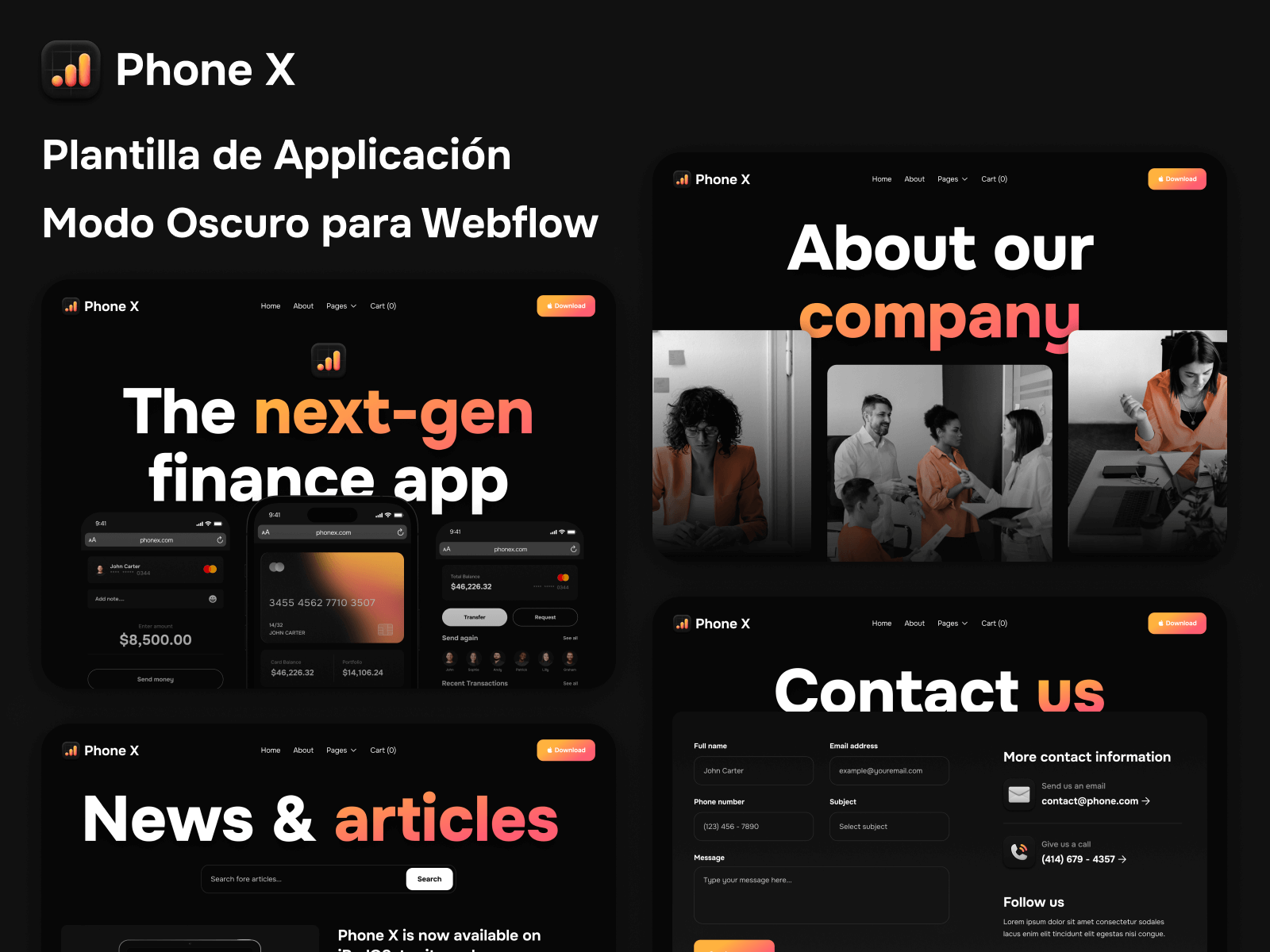 Plantilla de Aplicación Modo Oscuro para Webflow