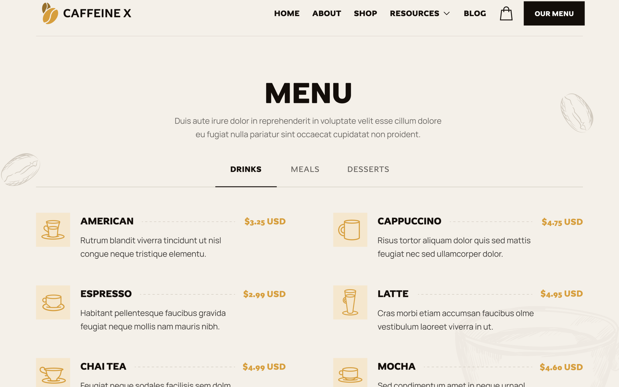 Caffeine X Template para Webflow