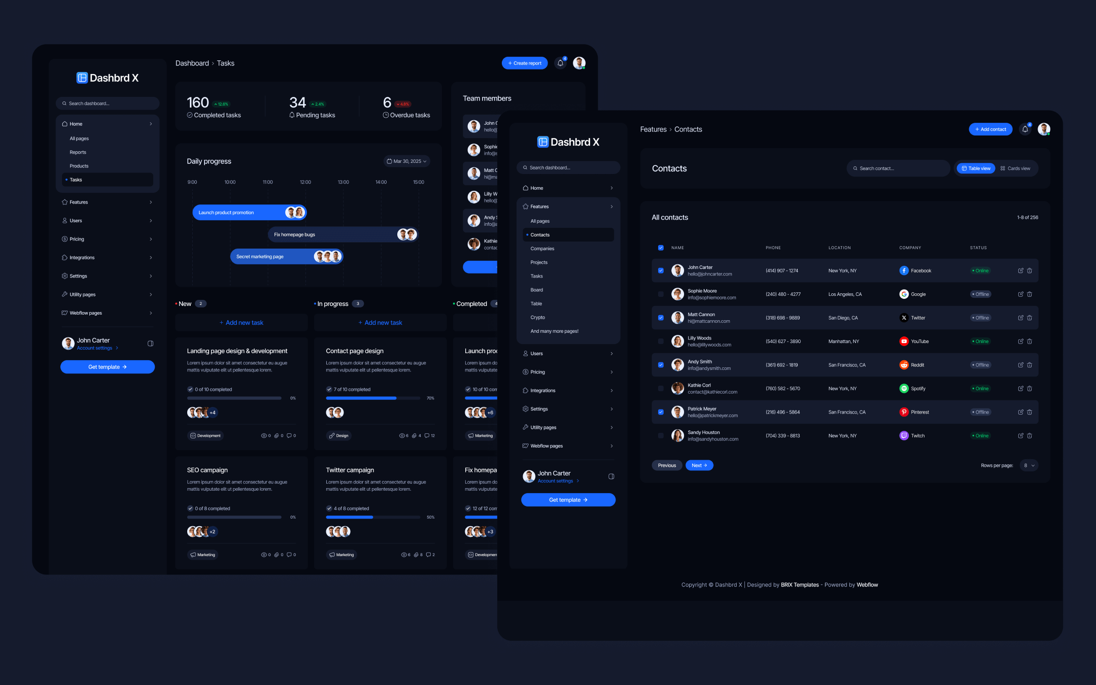 Dashbrd X Template para Webflow