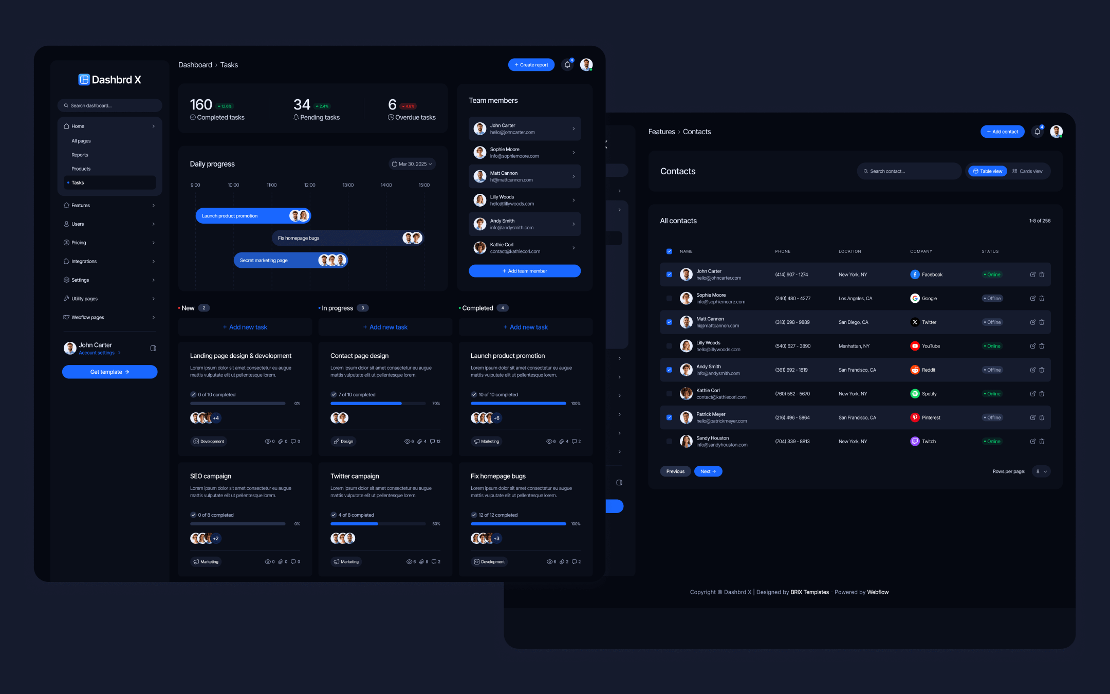 Dashbrd X Template para Webflow