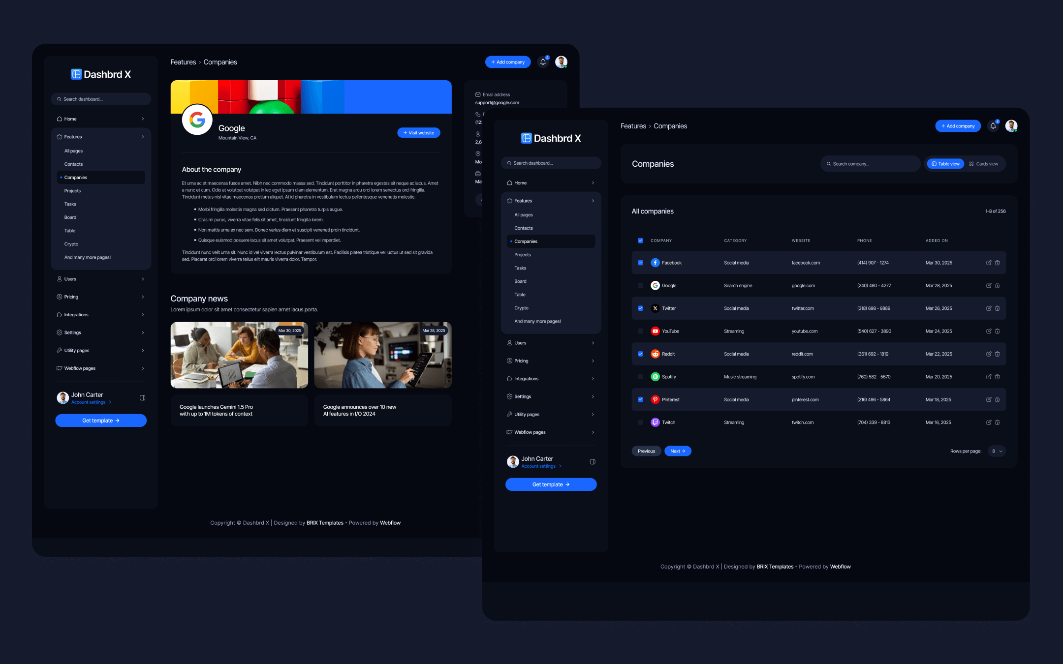Dashbrd X Template para Webflow