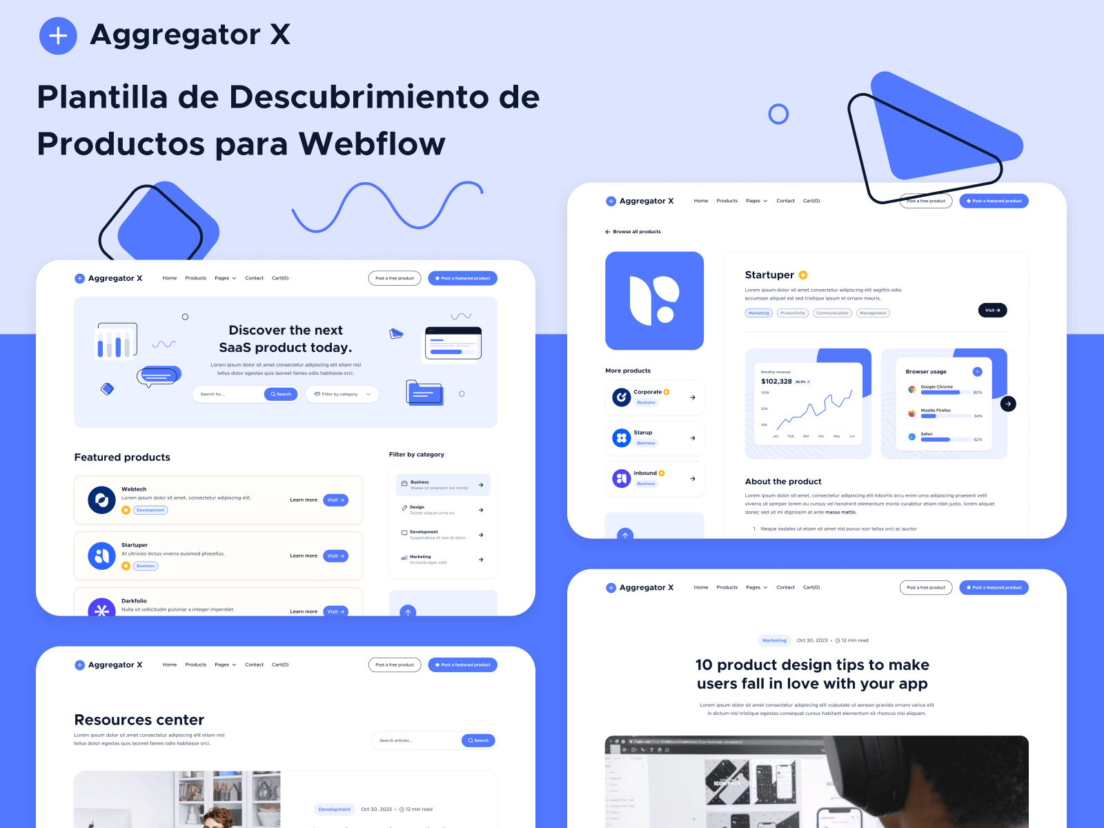Plantilla de Descubrimiento de Productos para Webflow
