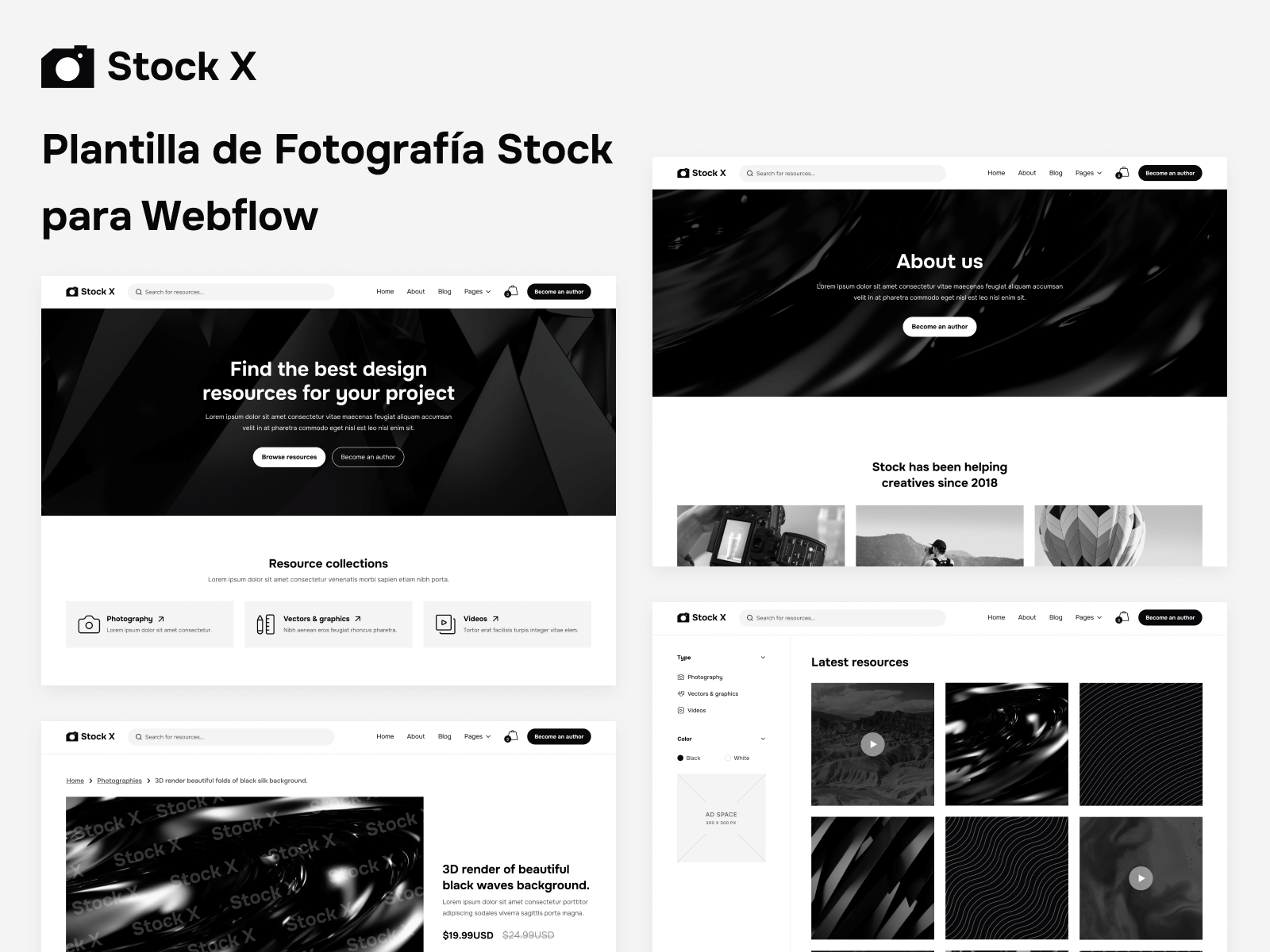 Plantilla de Fotografía Stock para Webflow