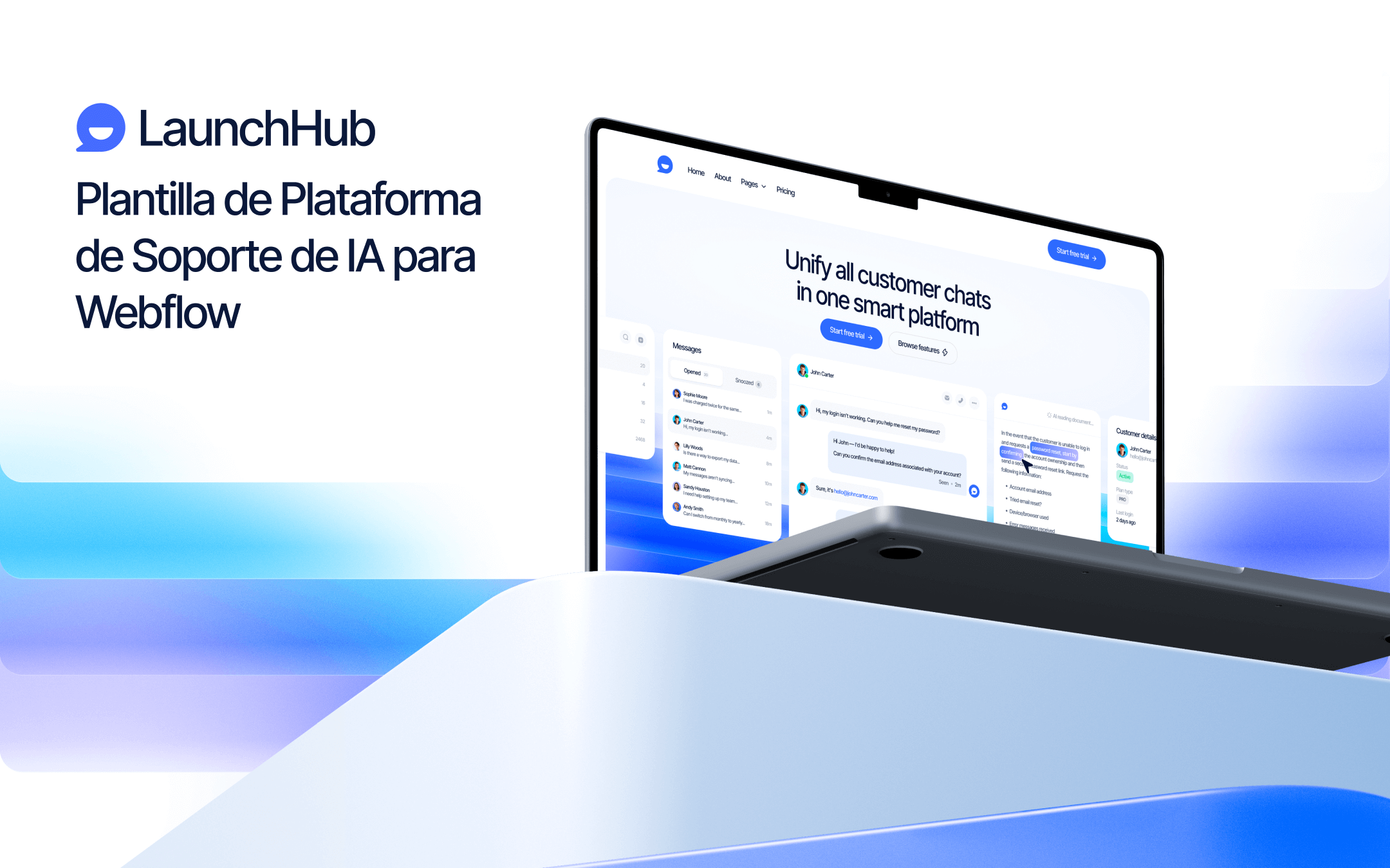 Plantilla de Plataforma de soporte de IA para Webflow