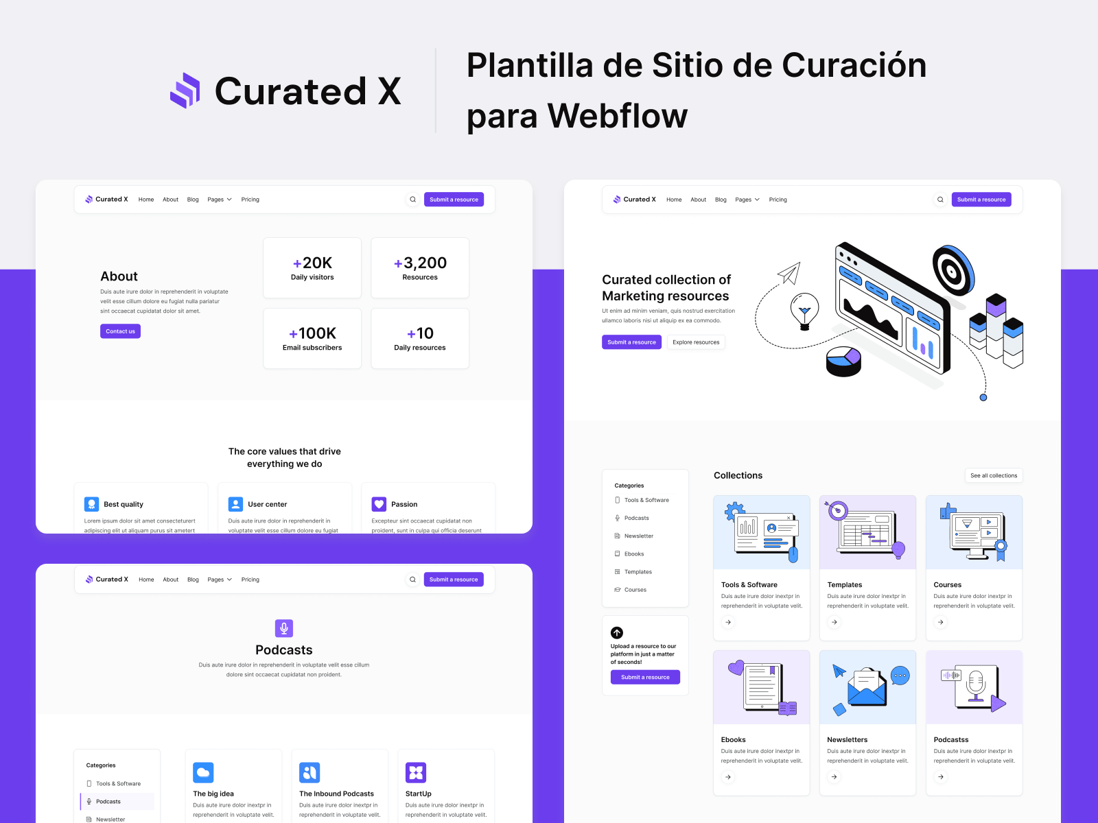Plantilla de Sitio de Curación para Webflow
